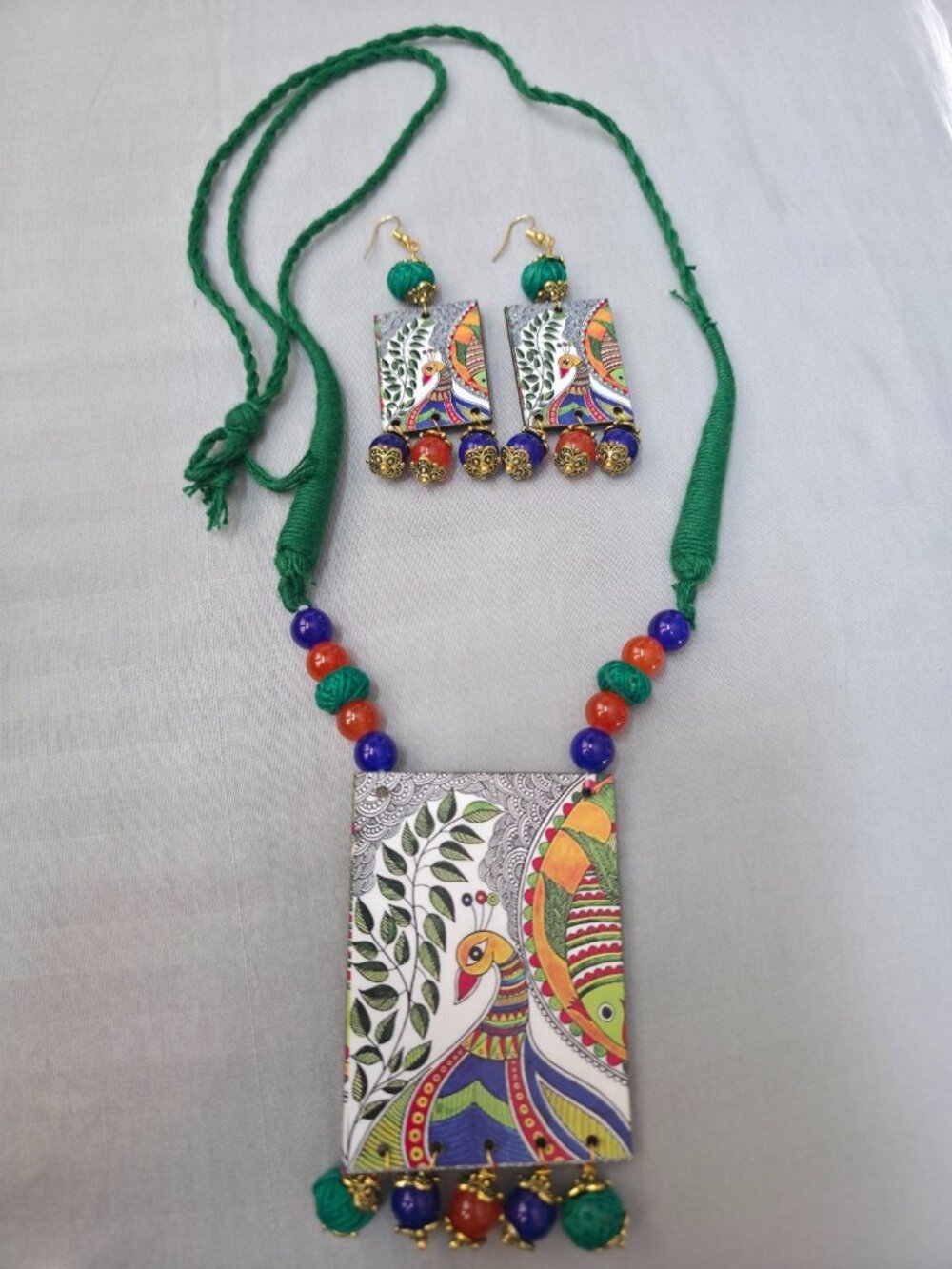 Hand Painted Madhubani Peacock Necklace & Earring Set Indian Folk Art